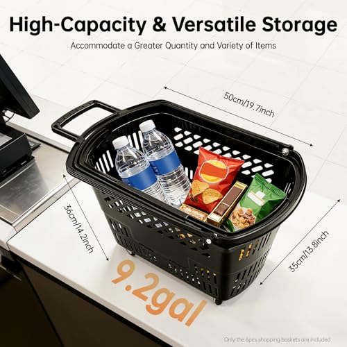 6PCS Shopping Basket 35L Portable Plastic Rolling Shopping Cart with Wheels - color: Black