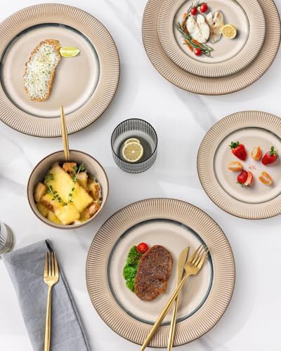 GBHOME Ceramic Dinnerware Sets of 6,18 pcs Plates and Bowls Sets Dishes - color: Pale Khaki, size: Service for 6 (18 pcs)