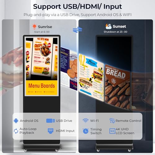 32/43/55/65 Inch 4K Digital Signage Display, LCD Screen Advertising Display Kiosk Interactive Totem Floor Standing Auto AD Player with USB/HDMI/WiFi Android OS (55'' Non-Touch) - size: 55-Inch, style: NonTouch Screen