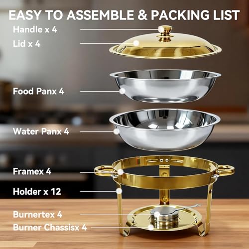 Gold Chafing Dish Buffet Set, 4-Pack 6QT 304 Stainless Steel Round Food Warmers with Lids, Water Pans & Fuel Holders – for Catering, Wedding Receptions & Parties - color: Full Gold
