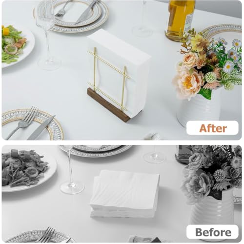 MyGift Upright Napkin Holder, Brass-Tone Metal with Burnt Brown Wood Base - color: Brass / Brown
