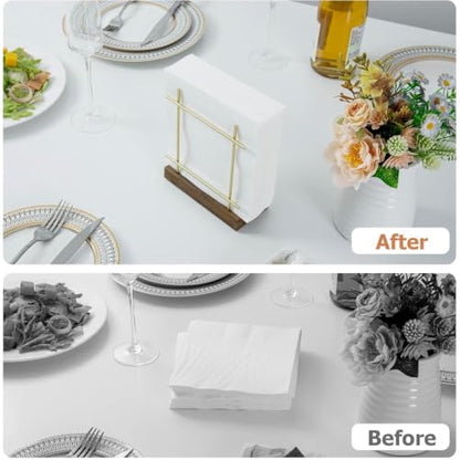 MyGift Upright Napkin Holder, Brass-Tone Metal with Burnt Brown Wood Base - color: Brass / Brown