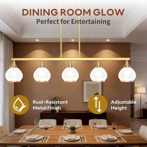Phaosio Brushed Gold Kitchen Island Linear Pendant Light, 5-Light - color: Gold (White Glass Shades), size: 5-Light