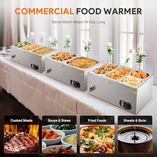 WILPREP Commercial Food Warmer with Two 1/3 & Two 1/6 Pans, 1500W Countertop Electric Warmer, 86-185°F Adjustable Temp Control, Stainless Steel Buffet Bain Marie - size: 1/3pan*2+1/6pan*2