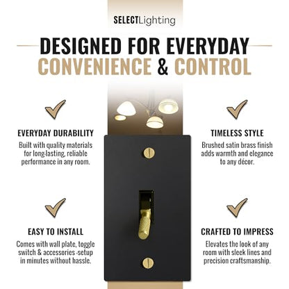 SELECT 1-Gang Solid Brass Toggle Switch, 3-Way Compatible with Faceplate - color: Black with Brass, size: 1 Gang, style: Toggle Switch