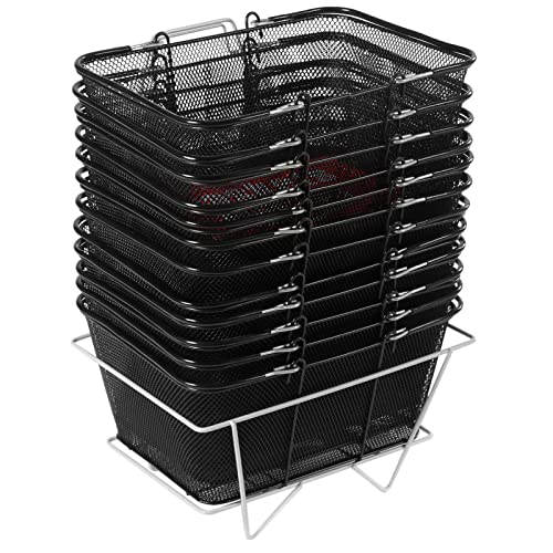 Retail Shopping Baskets, 12PCS Shopping Baskets with Handles and Stand, Metal Shopping Basket, Portable Wire Shopping Basket, Black Wire Mesh Shopping Basket Set for Stores Shopping, Grocery