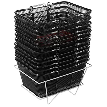 Retail Shopping Baskets, 12PCS Shopping Baskets with Handles and Stand, Metal Shopping Basket, Portable Wire Shopping Basket, Black Wire Mesh Shopping Basket Set for Stores Shopping, Grocery