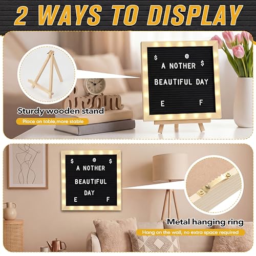 10 x 10 Inches Felt Letter Board & LED Light, Black, Natural Wood - color: Black, size: 10 x 10 Inches, style: Natural Wood