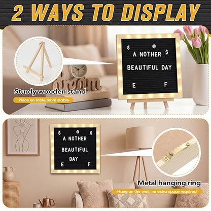 10 x 10 Inches Felt Letter Board & LED Light, Black, Natural Wood - color: Black, size: 10 x 10 Inches, style: Natural Wood