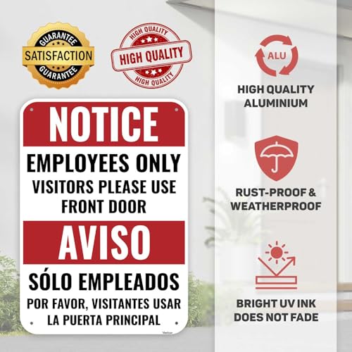 1PC Employee Entrance Only Sign Bilingual, 14 x 10 Inches - Aluminum - Visitors Please Use Front Door - Employees Staff Only Beyond This Point Private Entrance - color: 14" x 10"