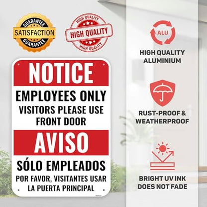 1PC Employee Entrance Only Sign Bilingual, 14 x 10 Inches - Aluminum - Visitors Please Use Front Door - Employees Staff Only Beyond This Point Private Entrance - color: 14" x 10"