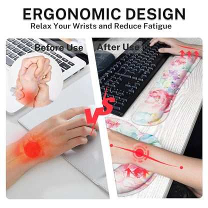Arttown Keyboard Mouse Pad Set, 4 in 1 Desk Mat Set Watercolor Flower - color: Pink Floral