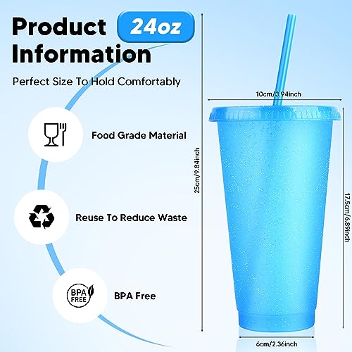 24 Pack Plastic Tumblers with Lids and Straws, Reusable Colorful Cups for Parties, Birthdays, Iced Coffee, Travel, Cold Drink Bulk Tumblers (24 oz, Blue) - color: Blue-24pcs