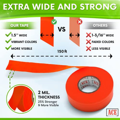 ACE Supply Red Flagging Tape 12 Pack - Non-Adhesive Survey Tape - 1.5 Inch Width, 150 Ft Length, 2 Mil - Tree Marking Ribbon, Surveyors Ribbon - color: Red, size: 12 Pack