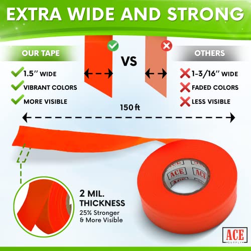 ACE Supply Green Flagging Tape 12 Pack - Non-Adhesive Survey Tape - 1.5 Inch Width, 150 Ft Length, 2 Mil - Tree Marking Ribbon, Surveyors Ribbon - color: Green, size: 12 Pack