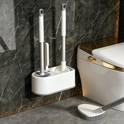 Basaza Toilet Bowl Brush and Holder White Toilet Brush and Holder Set Toilet Scrubber for Bathroom Hidden Toilet Cleaner Brushes Floor-Standing or Wall-Mounted - color: #Ab White 3 in 1 Toilet Brush and Holder Set