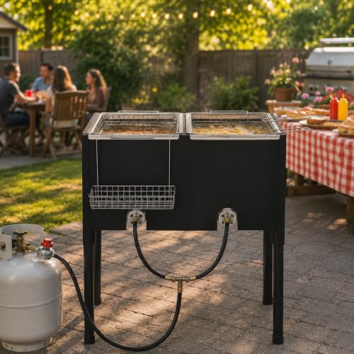 Barton Outdoor Propane Deep Fryer with Dual Burners & 3 Fry Baskets, High Pressure Double Tank Fryer Station for Fish Fry, Seafood Boil, Shrimp, Wings, Chicken & Backyard Cooking