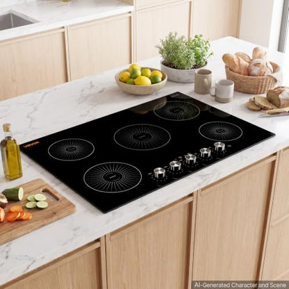 VEVOR 30 Inch Induction Cooktop 5 Burners,Built-in Electric Stove Top,Knob Control, Ceramic Glass Surface,Low-Power Continuous Heating,11 Power Levels, Child Lock,9200W,220V No Plug - size: 30IN -knob control