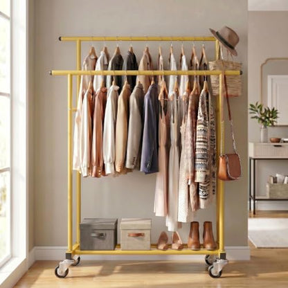 Calmootey Rolling Garment Rack, Sturdy Clothes Organizer for Bedroom - color: Gold, style: Double Rods
