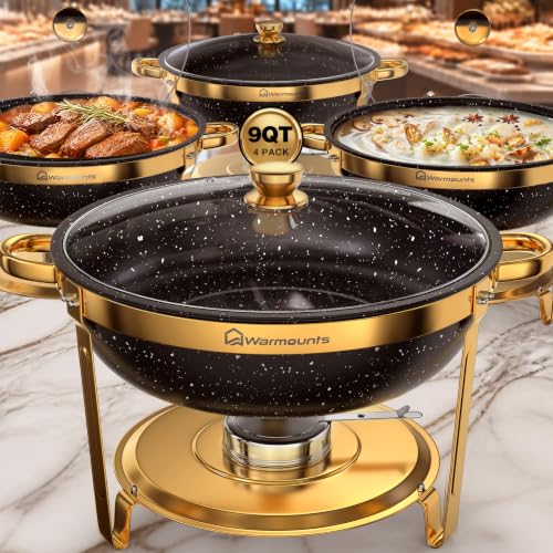 Chafing Dishes for Buffet, 4 Pack 9QT Gold Buffet Display Set, Granite-Coated Round Stainless Steel Food Warmers with Glass Lid Holder & Rolled-Edge, Stackable Storage Catering Events Supplies