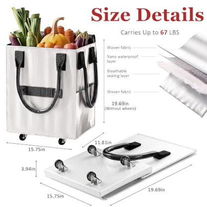 Reusable Grocery Bag on Wheel, Foldable Shopping Cart with Wheels, Can Carry up to 67 Pounds, Suitable for Groceries, Laundry, Camping and Moving. (Silver - Small) - color: Silver - Small