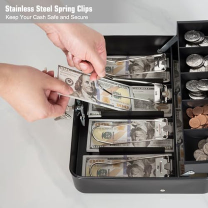 Cash Box with Money Tray and Lock, Metal Money Box for Cash Register 4 Keys - color: Black