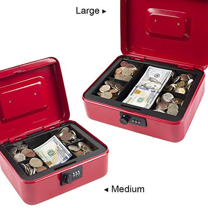 KYODOLED Large Cash Box with Combination Lock Safe Metal Money Box with Money Tray for Security Lock Box 9.84"x 7.87"x 3.54" Red Large - color: Red (Pack of 1), size: Large