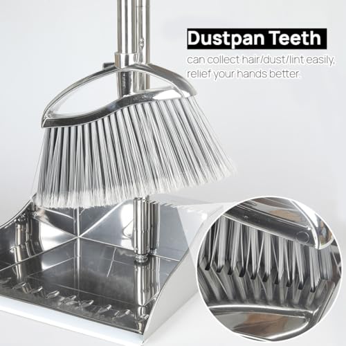 Outdoor Broom and Dustpan Comb Set,Heavy Duty Stainless Steel Metal Dust Pan with Long Handle Commercial Stiff Bristles Broom for Home Garage Garden Patio - style: Outdoor Broom and Dustpan