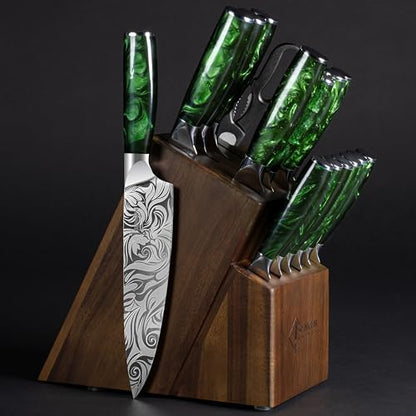 SENKEN Engraved Japanese Kitchen Knife Set with Beautiful Green Resin Wood Handles - Wasabi Collection - Chef's Knife, Bread, Cleaver, Paring, & More (16-Piece Knife Block Set) - size: 16-Piece Knife Block Set