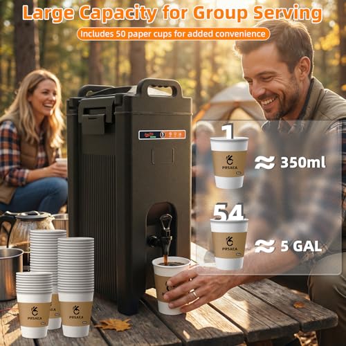 Original 5 Gallon Insulated Beverage Dispenser with 50 Pack 12oz Paper Cups, Easy Free Warmer Series Food-Grade LLDPE Hot and Cold Drink Dispenser Perfect for Parties, Catering and Events