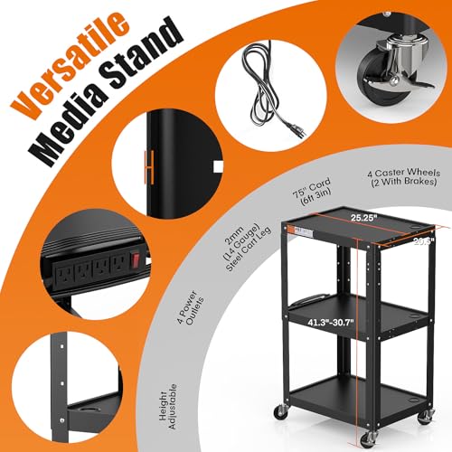 3 Shelf Metal Utility Cart - Durable Computer Cart on Wheels with Power Strip,Height Adjustable AV Presentation Cart Stand for Movie Projector,TV and Laptop Computers,Easy to Assemble, Black - style: AV Cart(M-AV-JS)