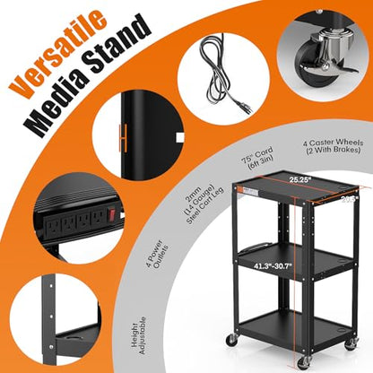 3 Shelf Metal Utility Cart - Durable Computer Cart on Wheels with Power Strip,Height Adjustable AV Presentation Cart Stand for Movie Projector,TV and Laptop Computers,Easy to Assemble, Black - style: AV Cart(M-AV-JS)