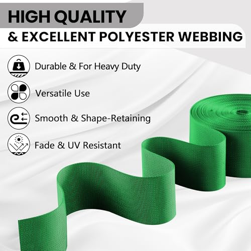 Polyester Webbing Strap 17+Colors – 1"&1.5"&2" – 10 Yards Heavy Duty Webbing Roll, Flat Webbing Strap for Indoor&Outdoor Gear, DIY Crafting, Repairing - color: Emerald green, size: 2"-10yards