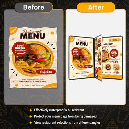 3 Pack Menu Covers 8.5" x 11" Menu Holder, Double Stitched Menu Covers, Restaurant Menu Cover, Single Page Menu Cover Two Clear Viewing Surfaces (Book Style)