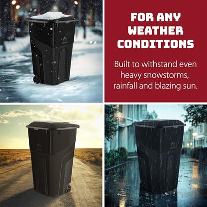 Outdoor Garbage Can with Lid, 32 Gallon Wheeled Large Trash Can, Snap Lid - color: Black