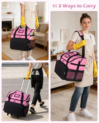 Marscamd Large Rolling Cleaning Caddy Bag with Detachable Trolley, Pink - color: Pink