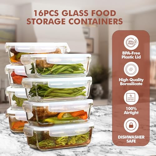 Razab 16 Pc (Set of 8) 30 Oz Glass Meal Prep Containers with Lids, Airtight Large Glass Food Storage Containers, Reusable Leak Proof BPA Free, Freezer to Oven and Dishwasher Safe - color: White