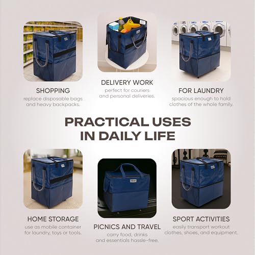 KELN Rolling Tote Bag on Wheels – 76 lb Foldable Shopping Cart – Blue - color: Blue