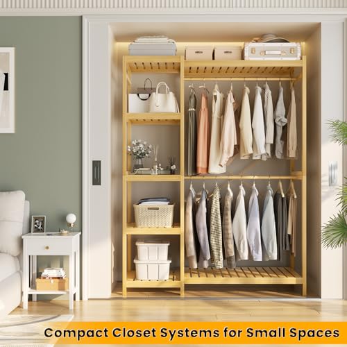 Homykic Bamboo Clothing Rack with 7 Adjustable Shelves, 2 Hang Rods - color: Natural, size: II Medium