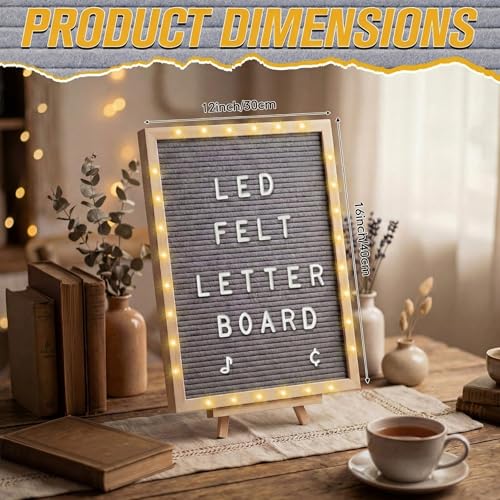12 x 16 Inches Felt Letter Board & LED Light, Gray, Natural Wood - color: Gray, size: 12 x 16 Inches, style: Natural Wood