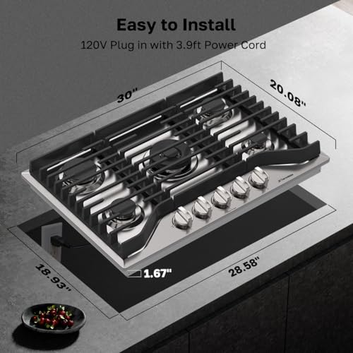 ThermoMate Heavy 30 Inch Gas Cooktop with 5 Italy Sabaf Power Burners, Built In Stove Top of 304 Stainless Steel, Gas Hob NG/LPG Convertible, Thermocouple Protection CSA Certified - size: 30 inch 5 burners