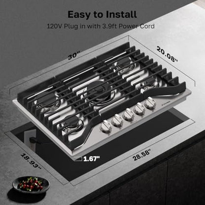 ThermoMate Heavy 30 Inch Gas Cooktop with 5 Italy Sabaf Power Burners, Built In Stove Top of 304 Stainless Steel, Gas Hob NG/LPG Convertible, Thermocouple Protection CSA Certified - size: 30 inch 5 burners