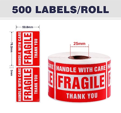 Fragile Stickers for Shipping Moving Boxes 2000 Fragile Labels 2 x 3 Inch Fragile Tape for Shipping Handle with Care Sticker-4 Rolls, Red - size: 3" x 2", style: 4 Rolls - 2000 PCS