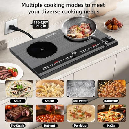 2 burner induction cooktop,110V 3000W 2 burner induction plate with Brushed Panel LED Knob Control, induction stove top with 9 Power Levels, Kids Lock & Timer,24 Inch double induction cooktop - size: 2 Burner induction Cooktop