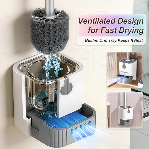 Toilet Brush and Holder Set, Wall Mounted Toilet Bowl Brush and Holder, Hard Bristle Toilet Scrubber with Drip Tray, Rim Cleaning Side Groove, Quick Rinse & Fast Drying
