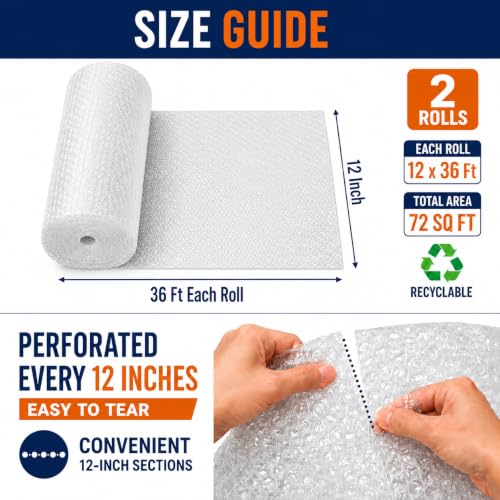 Bubble Wrap for Packing (2 Rolls, 12 in x 72 ft Total)