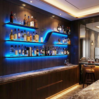 63in Wall Mounted Wine Rack with Blue LED Lights (Black, 160cm) - color: Black, size: 63in