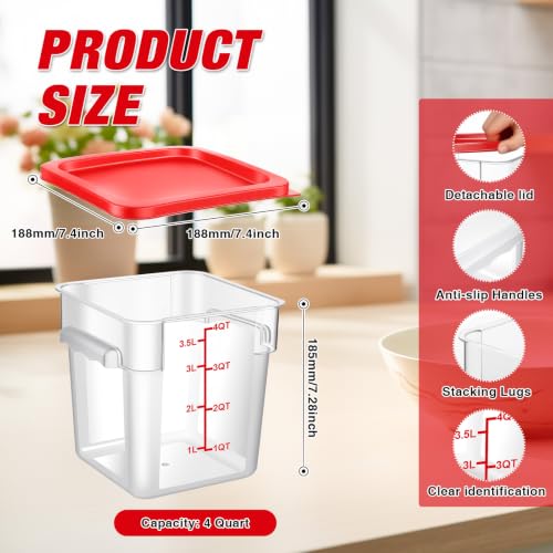 Square Storage Container with Lid, Commercial Box with Measurement Marks & Handle, for Baking, Dough Proofing, Meat Brining, Kitchen Tool (Red, 4QT-4PACK) - size: 4QT-4PACK