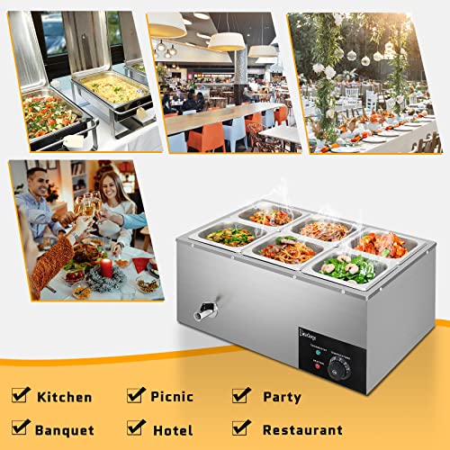 Winado 110V 6-Pan Commercial Food Warmer, 19QT Electric Steam Table 6 Inch Deep, 1200W Countertop Stainless Steel Food Soup Buffet w/Temperature Control & Lid for Catering, Restaurant, Party - size: 19 QT/6 Pan