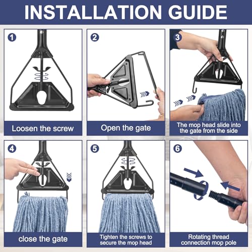 Commercial Industrial Mop for Floor Cleaning,3 Extra Large Replacement Head - size: Black Metal Handle + 3 Blue Heads